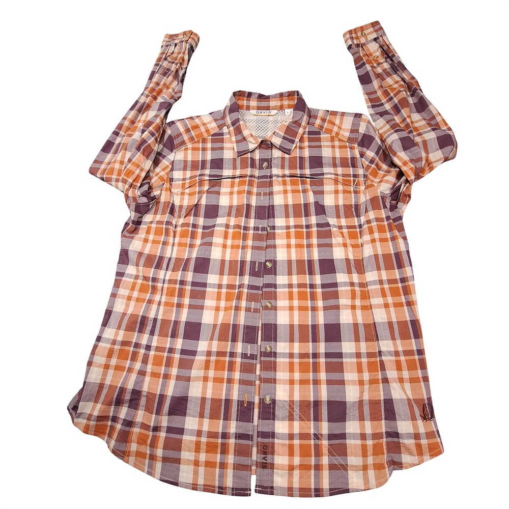 Orvis Womens Large Plaid Performance Button Down Shirt Orange Purple Long Sleeve